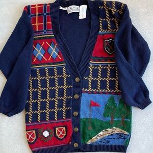 Vintage Jantzen Classics V-Neck Navy Cotton Hand Knitted Golf Theme Cardigan